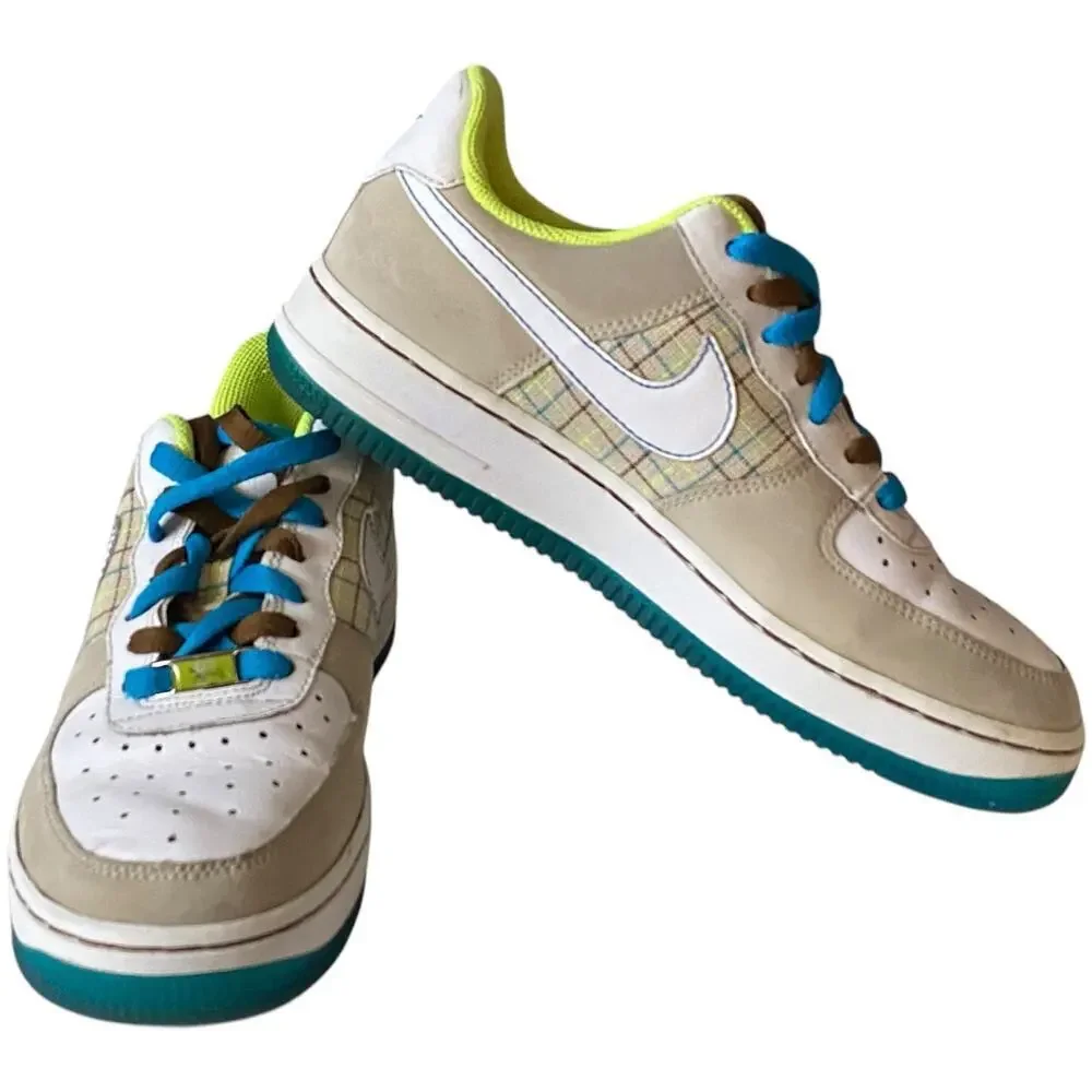 Vtg 2007 Nike Air Force 1 Low 07 Net Plaid 315115-114 Volt Blue Wmns Size 7 Rare